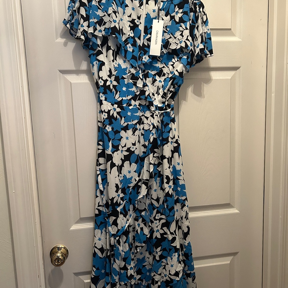 Calvin Klein Blue and Black Floral Midi Dress NWT